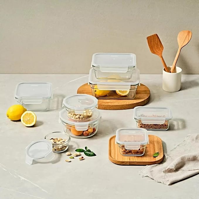 Glasslock Transparent 28 Piece Small Oven and Microwave Safe Glass Food Storage Containers Set for Small Snack and Meals with Removable Lids, Clear