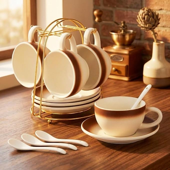 DUJUST Cappuccino Cups Set of 4 (8oz), Ceramic Cappuccino Mugs with Saucers, Spoons & Metal Stand, Latte Cup Set for Latte, Espresso & Americano, Gift Package