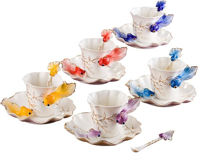 ZaH 3D Goldfish Coffee Mugs Animal Rainbow Ceramic Mug Milk Teacup Afternoon Tea Cup and Saucer Set with Spoon, Dark Blue