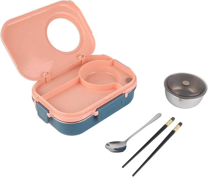 Tbest Thermal Lu Box For Hot Food Thermal Tazon,Lu Box Lu Box Thermal Lu Box 1100Ml Double Layer 3 Grid Design 304 Stainl Steel Box With Chopsticks Spoon Soup Bowl G (Pink)