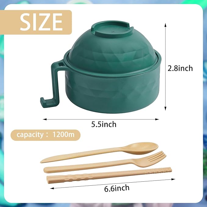 2 Sets Microwave Ramen Bowl 40 oz Wheat Fiber Portable Instant Noodle Cooker Bowl with Handles Strainer Spoon Chopstick Fork College Dorm Room Apartment Essentials(Dark Green,Dark Blue)