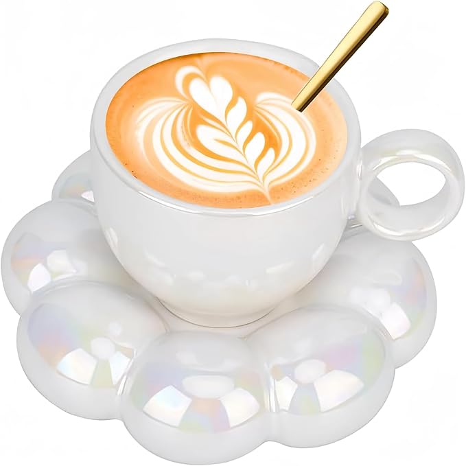 ARISKEY 10oz Coffee Mug for Women,Cute Tea Cup and Saucer Set with Spoon,Perfect for Latte and Milk, A Warm Choice for Mother's Love,Pearl White