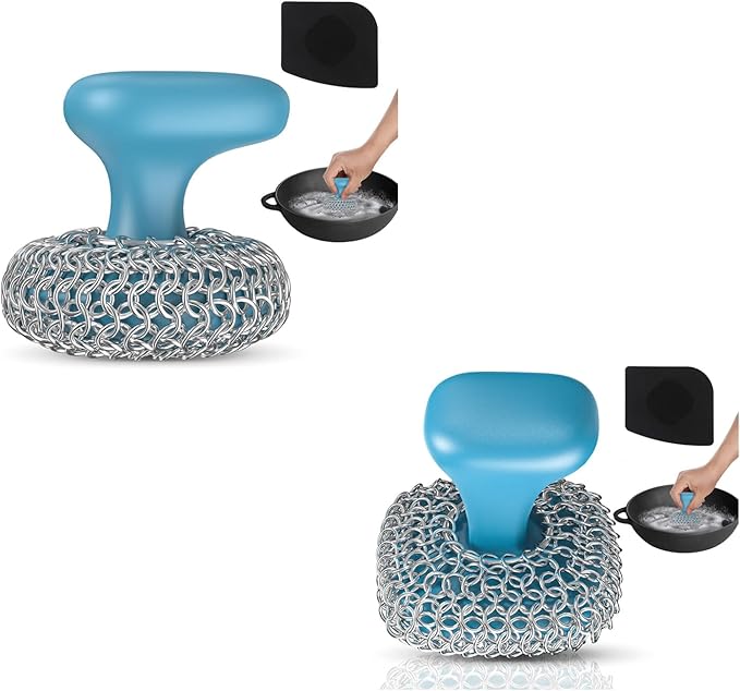 Cast Iron Scrubber | Dish Scrub Brush | 316 Cast Iron Cleaner Chainmail Scrubber Circle + Square 2PCS Blue