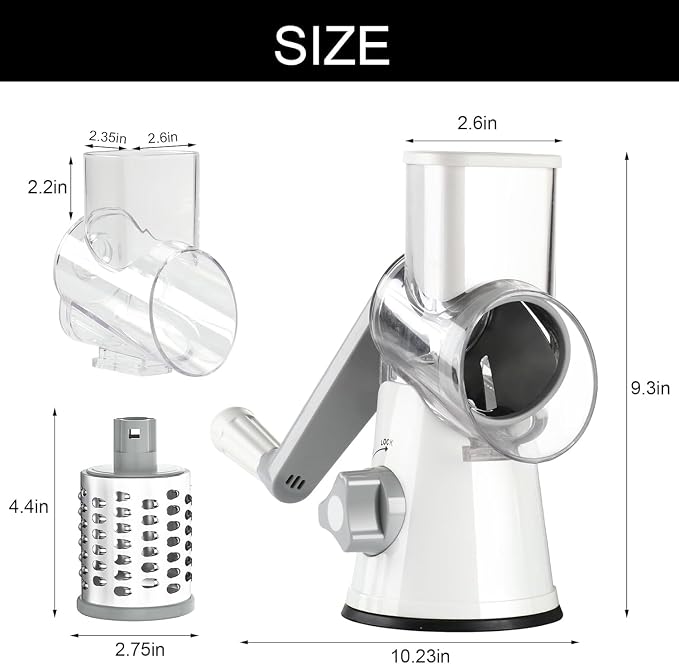 Cambom Rotary Cheese Grater Hand Crank Cheese Shredder for Fresh Cheese, Vegetable, Nuts,Non-slip Suction Base,Three Blades,White
