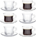 Glass Tea Cups and Saucers Set of 6, Clear Coffee Mugs with Stainless Steel Spoon, Dishwasher & Microwave Safe Teacups for Espresso Cappuccino Latte Tea Juice, 6OZ/180ML