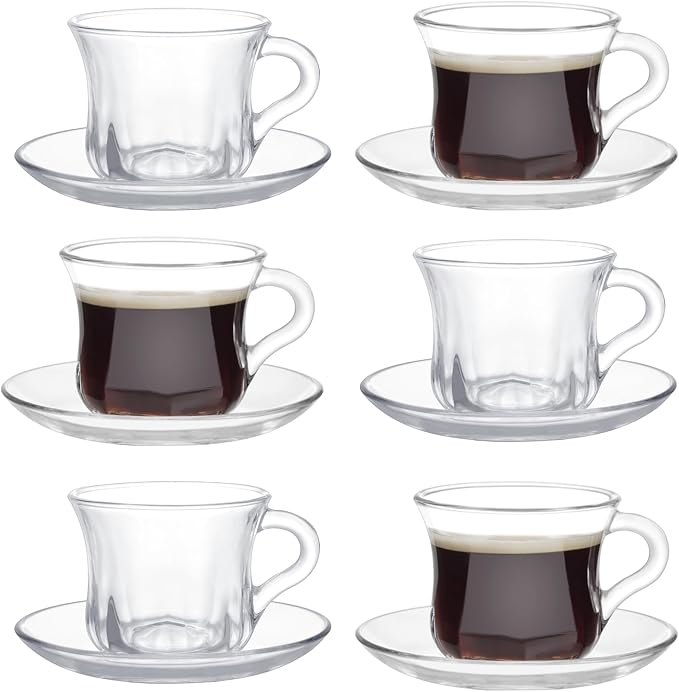 Glass Tea Cups and Saucers Set of 6, Clear Coffee Mugs with Stainless Steel Spoon, Dishwasher & Microwave Safe Teacups for Espresso Cappuccino Latte Tea Juice, 6OZ/180ML