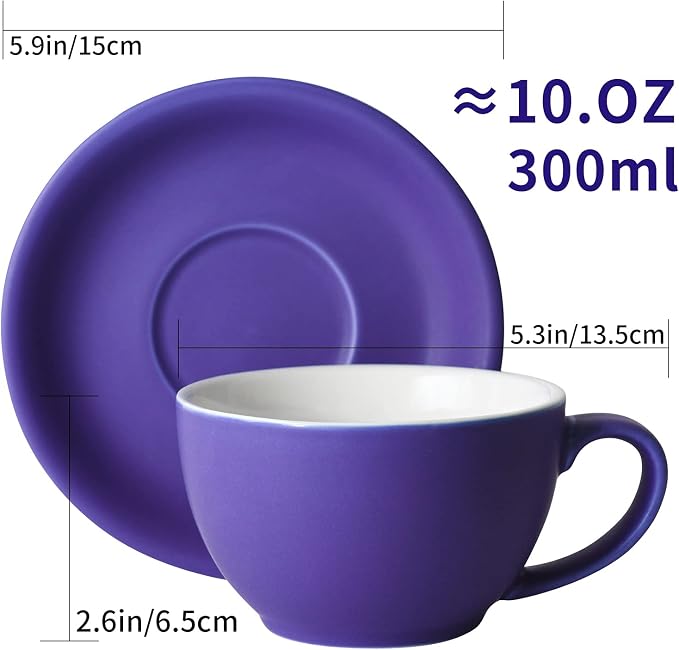 Yundu Ceramics Latte Cup and Saucer - 10 oz for Cappuccino,Tea,Cafe Mocha, Set of 4,Matte Mixed Color