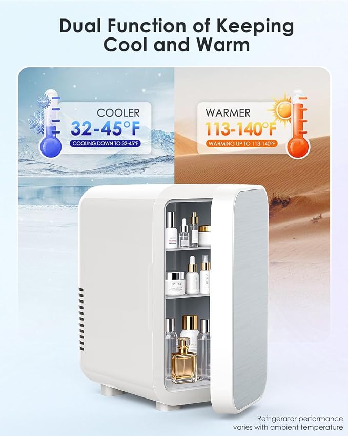 FANSEXPERT Skincare Fridge with Glass Panel, 6L Mini Fridge for Home/Car, AC/DC Portable Thermoelectric Cooler and Warmer, Makeup Mini Compact Refrigerator for Skincare Cosmetics Food Drinks (White)