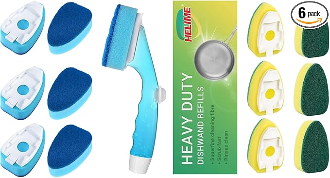 Non Scratch Dishwand Refills Handle, Dish Wand Refill Pack, 6 Heavy Duty Replacement Sponge Heads Set, Soap Dispenser Scrubbers, Dishwashing Scrub Dispensing Brush Pads, Dishwasher Cleaning Tool kit