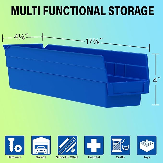 Akro-Mils 30128 Plastic Shelf Bins, Heavy Duty Storage Bins for Garage, Closet, and Drawer Organization, 18-Inch x 4-Inch x 4-Inch, Green, 12-Pack