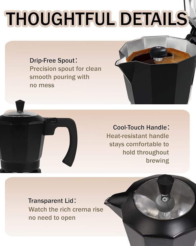 Electric Moka Pot with Detachable Base Aluminum Espresso Maker 10oz 6 Cup 300ml Black Italian Coffee Maker for Kitchen Home 110V