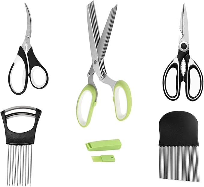 5-Blade Herb Scissors, Kitchen Shears, Seafood Scissors, Onion Holder Slicer and Potato Crinkle Cutter, yamesu Kitchen Gadget Salad Herb Tools 5 Sets