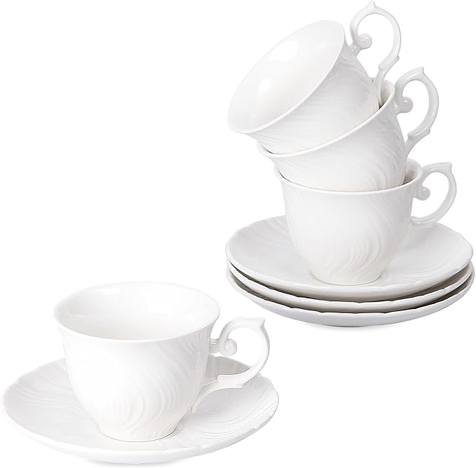 Agyiuns Tea Cups Set Of 4, Tea Cup And Saucer Set,6oz for Tea,Coffee, Latte, Cafe Mocha, Porcelain Tea Party Set (Pure white set of 4)