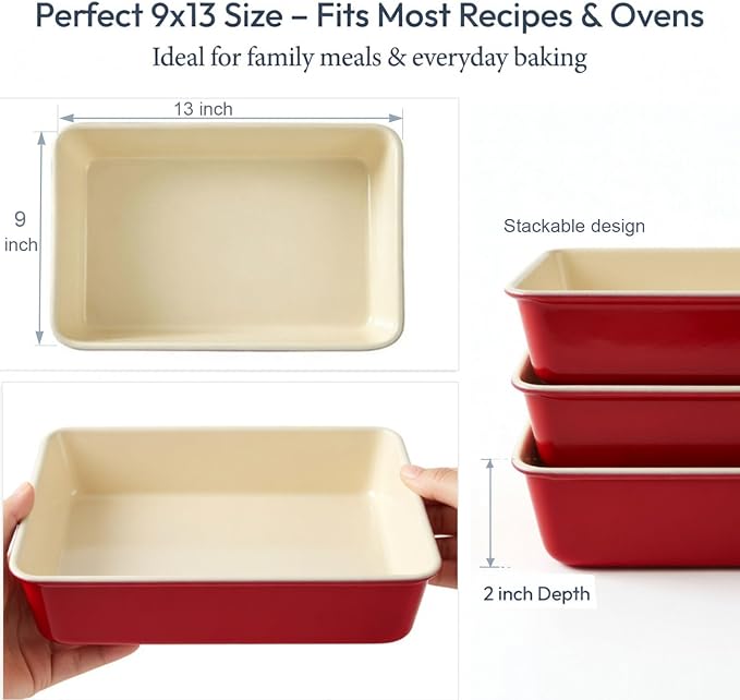 9x13 Inch Baking Pan, 2 Pack – Heavy Duty Carbon Steel Non-Stick Lasagna Pan, Deep Rectangular Cake Pan for Casseroles, Brownies & Roasting, Warp-Resistant, Oven Safe to 450°F, PFOA Free