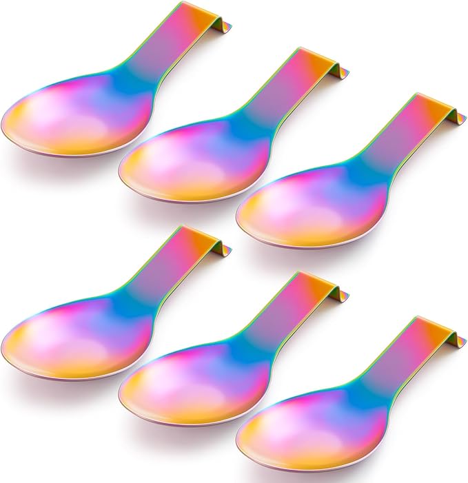 Nuanchu 6 Pcs Stainless Steel Spoon Rest Spatula Ladle Holder Spoon for Stove Top Heavy Duty Spatula Holder for Countertop Dishwasher Safe Utensil Rest for Kitchen, 3.8 x 9.6" (Colorful)