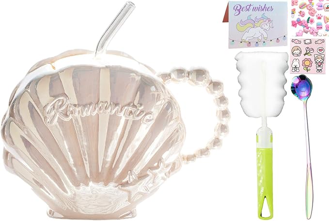 Pearl Shell Ceramic Coffee Mug with Coaster Set for Tea Latte Milk Cute Cup with Saucer for Home Office Women Gift 6.5 oz (Shell with Straw Beige, 450 ml)