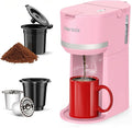 Horavie Mini Single Serve Coffee Maker for K-Cup Pod and Grounds, Fast Brew One Cup Coffee Machine with Descaling Reminder and Water Window, 6 to 12 oz. Brew Sizes, Pink