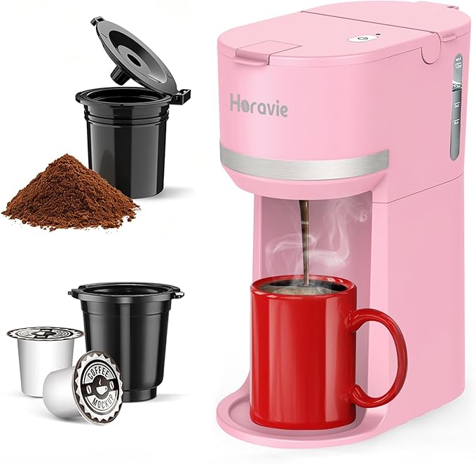 Horavie Mini Single Serve Coffee Maker for K-Cup Pod and Grounds, Fast Brew One Cup Coffee Machine with Descaling Reminder and Water Window, 6 to 12 oz. Brew Sizes, Pink