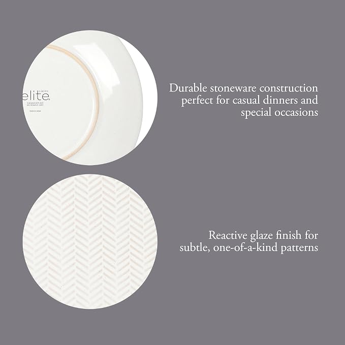 Gibson Elite Oyster Tide Embossed 12 Piece (Service for 4) Plates and Bowls Reactive Glaze Round Dishes Stoneware Ceramic Dinnerware Set, White