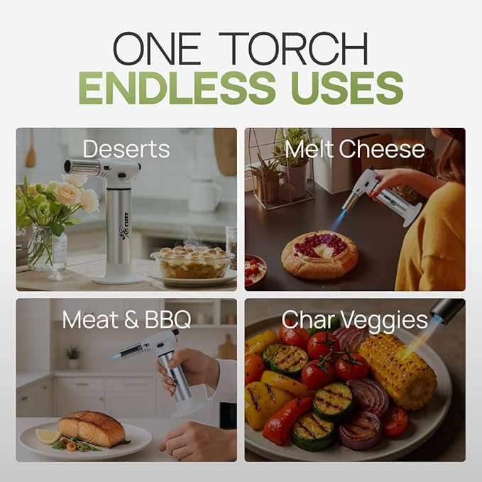 Jo Chef FireClick Mini Kitchen Torch – Beginner-Friendly Butane Torch with Safety Lock, Adjustable Flame, One-Hand Use – Ideal for Crème Brûlée, BBQ, Crafts & DIY – 2 Cans (3.38oz) Included