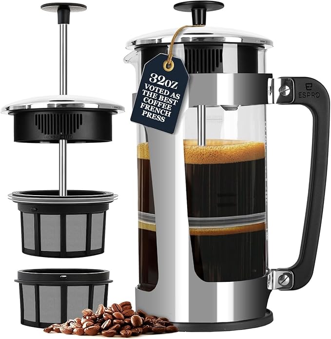 ESPRO Plus P5 French Press Coffee Maker – Patented Double Micro-Filter for Grit Free Brew, Heat-Resistant Thicker Borosilicate Glass Coffee Press – (32 oz)