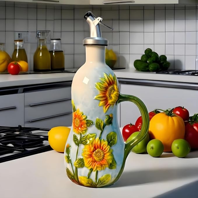 18.26oz/540ml Ceramic Olive Oil Dispenser Bottle,Hand Painted Reliefs Oil Dispenser for Kitchen,Oil Bottles for Kitchen (Sunflower)