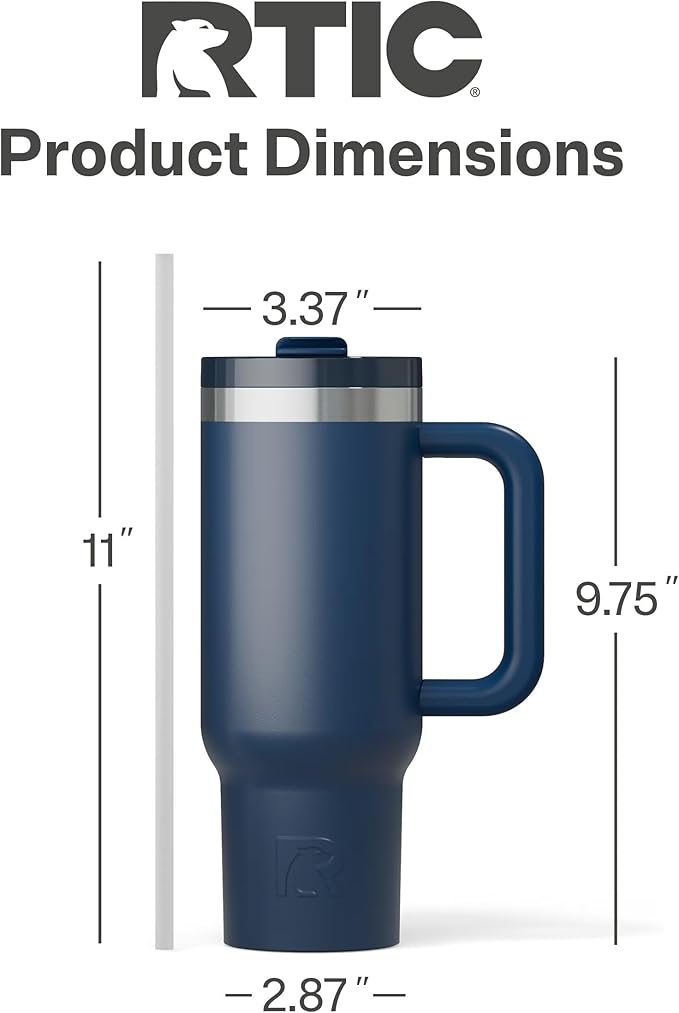 RTIC 30 oz Road Trip Tumbler Double-Walled Ceramic Lined InsulatedStainless Steel Portable Travel Coffee Mug Cup with Lid, Handle and Straw, Navy