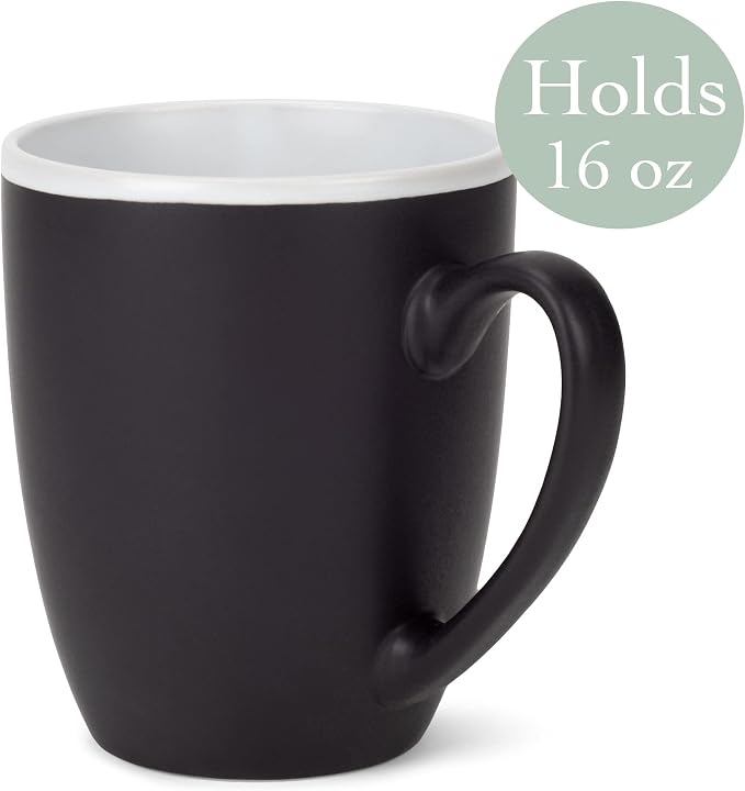 Elanze Designs Solid Color Black White Interior 16 ounce Matte Ceramic Mugs Matching Set of 4