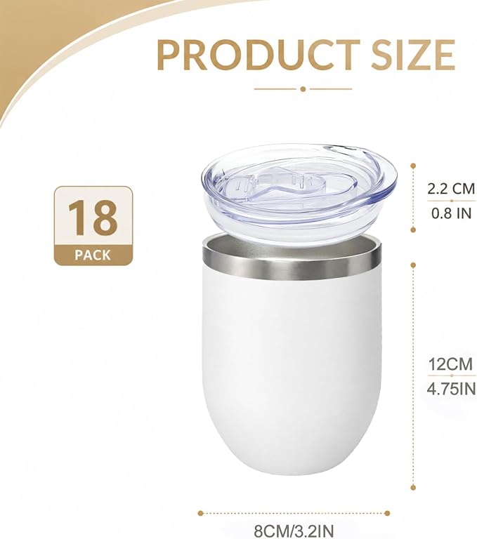 YOUKE OLA 18 Pack Stainless Steel Wine Tumbler with lid, 12oz Powder Coated Insulated Vacuum Straight Wine Tumbler Stemless Double Wall Bulk for Laser Engrave, DIY Gift, White