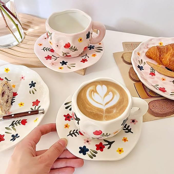Noviko Flower Coffee Mug Pink Fancy Cup with Saucer Set for Women 10 oz