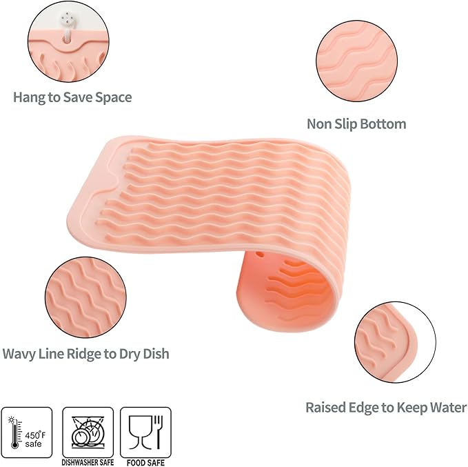 MicoYang Silicone Dish Drying Mat for Multiple Usage,Easy clean,Eco-friendly,Heat-resistant Silicone Mat for Kitchen Counter or Sink,Refrigerator or Drawer Liner Pink S 12 inches x 6 inches