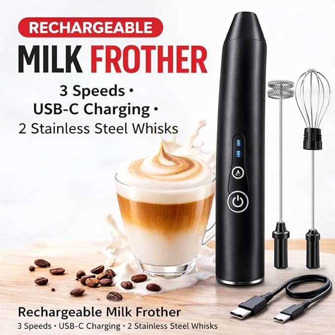 Milk Frother Handheld for Coffee – Electric Matcha Whisk & Drink Mixer, Foam Maker for Latte, Cappuccino, Bulletproof Coffee, Portable Stainless Steel Frother for Home, Office & Travel (White)