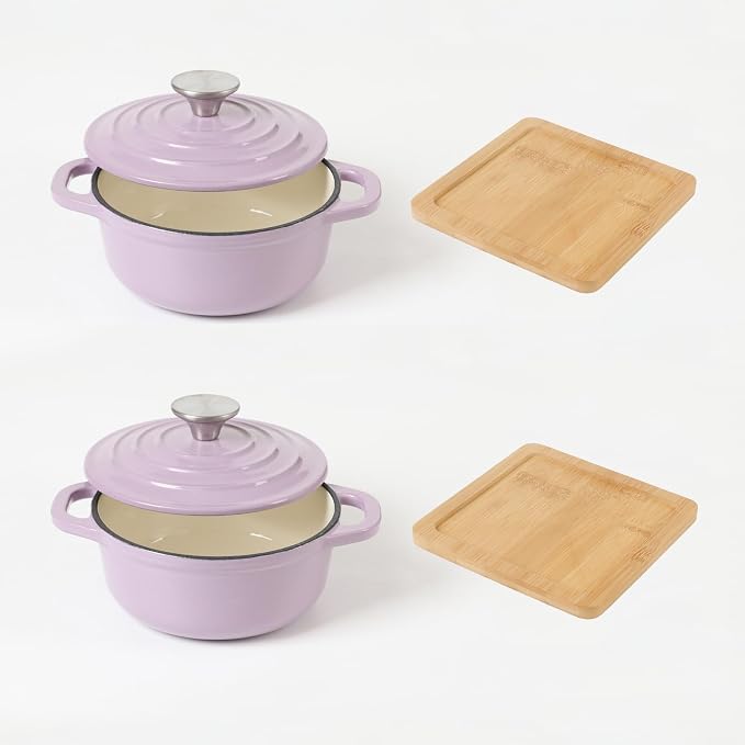 HAWOK Enameled Cast Iron Mini Dutch Oven, Dia5.51inch, 23oz, Set of 2, Purple
