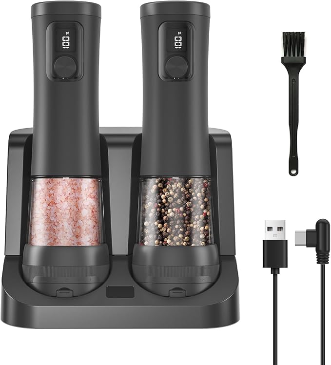 Electric Salt and Pepper Grinder Set,2 Pack Rechargeable Automatic Pepper Mill,with Charging Base,5 Level,Display,LED Lighting,Large Capacity,Kitchen Gift (2, Black, Charging Base)