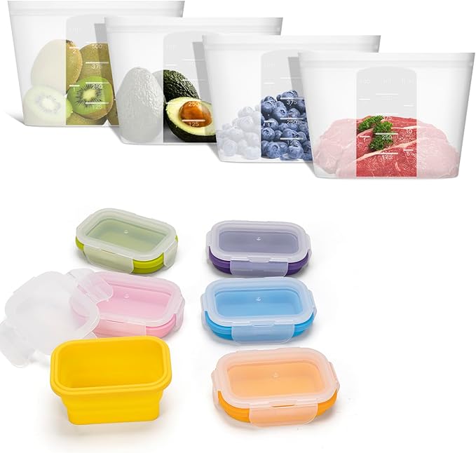 Bundle of 6 Pack Mini Collapsible Silicone Snack Containers with Lids + 4 Pack 100% Silicone Reusable Food Storage Bags 16oz Translucent