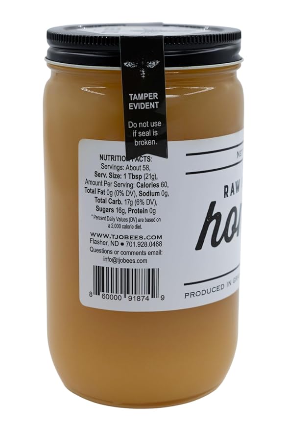 TJO Bees Raw and Unfiltered Honey, 44 OZ Glass Jar