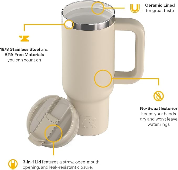 RTIC 30 oz Road Trip Tumbler Double-Walled Ceramic Lined InsulatedStainless Steel Portable Travel Coffee Mug Cup with Lid, Handle and Straw, Beach