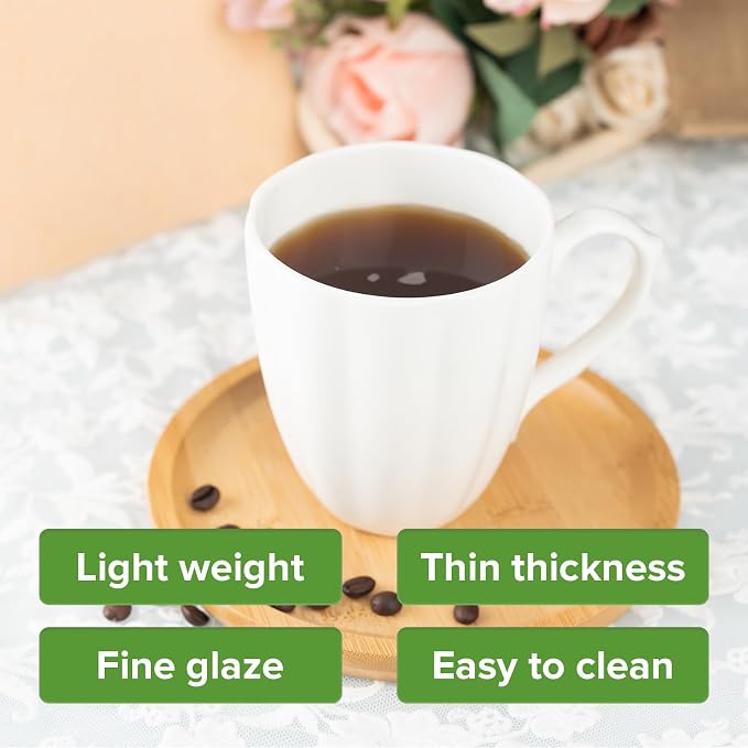 Fine Bone China Pure White Coffee Mugs, Pumpkin Shape 15 oz Large Capacity, Set of 4 Tea Cups, Thin Thickness and Light Weight, With Large Handle Comfortable to Hold, Microwave and Dishwasher Safe