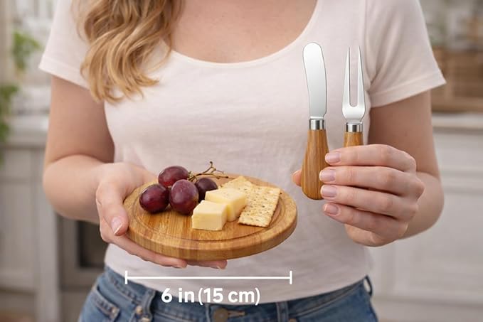 Upgraded storage-ready Small Cheese Board Set & Dessert Plate with Knife & Fork, 1-Pack 6-Inch Personal Charcuterie Tray, Bamboo, Gift-ready for Wedding, Bridal & Baby Shower Party