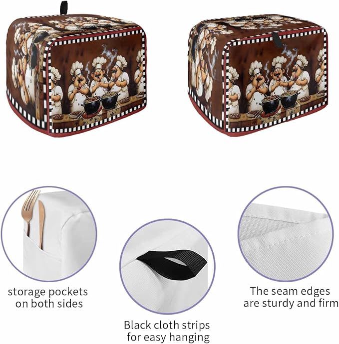 Kitchen Fat Chef Toaster Cover 2 Slice, Vintage Cook Gourmet Dustproof Bakeware Oven Protector with Top Hook, Red Black Plaid Waterproof Small Kitchen Appliance Toasters Dust Cover, 12"x7.5"x8"