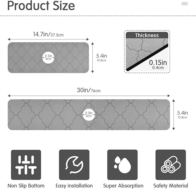 Kitchen Sink Splash Guard 1 PC 30 Inch Sink Faucet Mat Splash Guard for Bathroom Countertop Water Absorbent Foldable Cuttable Soft Washable Monochrome Geometric Quatrefoil Grey