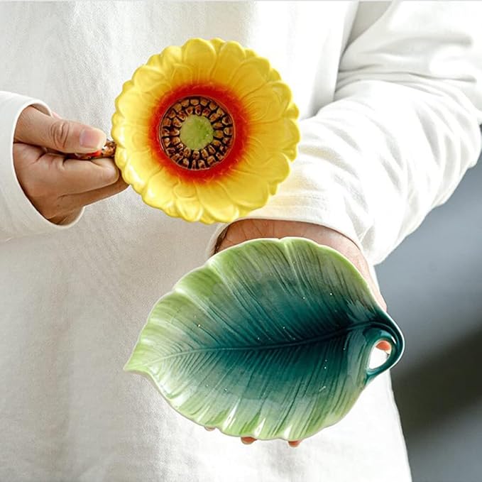 Sunflower Tea Cup and Saucer Set 6 Oz, Enamel Flower Porcelain Coffee Cup Saucer Set with Spoon for Women, Hand Crafted Tea Set (Sunflower)