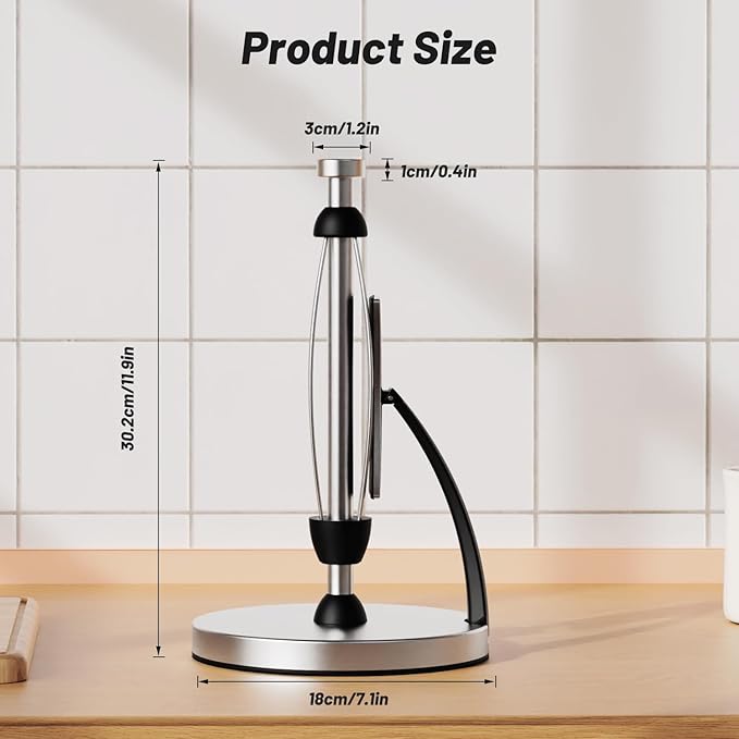 VEHHE Paper Towel Holder Countertop, One-Handed Tear, Stainless Steel, Stand Paper Towel Holder with Spring Activated Arm & Non Slip Weighted Base, for Kitchen Bathroom (Silver)