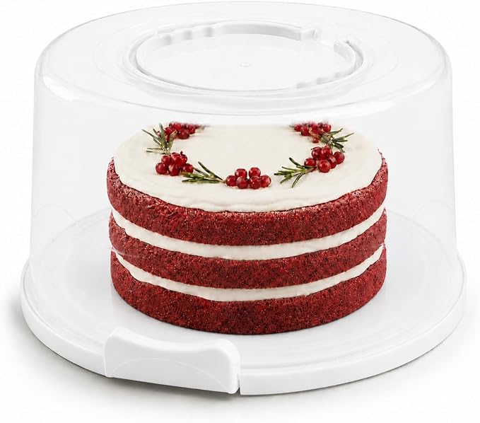 EXTRA LARGE & EXTRA STURDY Cake Carrier, Cake Stand with Lid and Foldable Handles - Multifunctional Serving Platter and Cake Plate - Cake Container with Dome and Strong Snaps 13 x 13 x 7 inch (White)