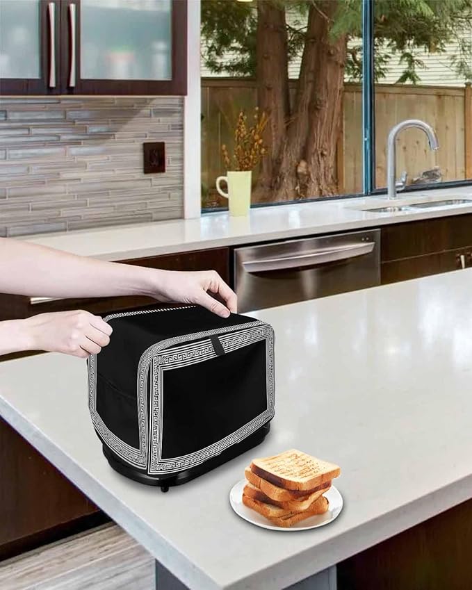 Black Geometric Toaster Cover 2 Slice, Greek Key Design Dustproof Bakeware Oven Protector with Top Hook, Abstract Modern Art Waterproof Small Kitchen Appliance Toasters Dust Cover, 11"x6"x8"