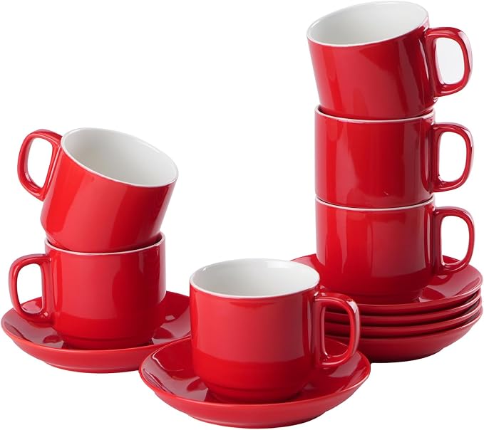 BTaT- Stackable Coffee Cups with Saucers, Set of 6, 8 Ounce, Red, Porcelain Cappuccino Cups for Coffee Drinks, Cappuccino, Latte, Espresso, Americano and Tea, Microwave & Dishwasher Safe