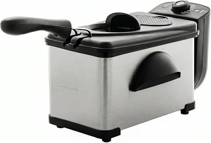 OVENTE Electric Deep Fryer 2 Liter Capacity, 1500 Watt Lid with Viewing Window and Odor Filter, Adjustable Temperature, Removable Frying Basket and Easy to Clean Stainless Steel Body, Silver FDM2201BR