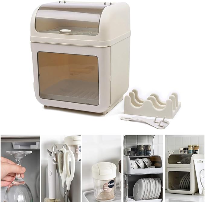 Covered Plastic Dish Drying Rack, Plastic Dustproof Drain Storage Box Basket Hold, Bottle Dryer Holder with Cover Lid and Removable Drainboard for Kitchen Counter, Dish Dryer Shelf