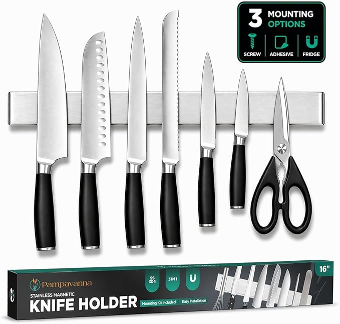 Magnetic Knife Holder 16 Inch Silver – Classic Stainless Steel Strip, Rack & Bar for Wall or Fridge, No Drill Adhesive Kitchen Organizer, Premium Gift by Pampavanna