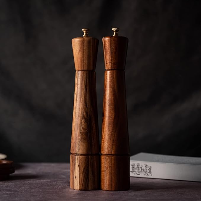 Salt and Pepper Grinder Set with Tray, Adjustable Ceramic Grinder Salt Mill, Stainless Steel Grinder Pepper Mill, Acacia Wood, 32 cm / 12 inch Height, Bottom Dia 6 cm (Tray is Included)